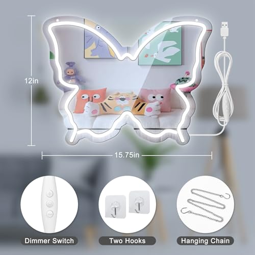 Image of Butterfly Neon Sign Mirror, LED Neon Sign for Wall Decor, 15.7'' x 12'' Dimmable Neon Light for Teen Girls & Kids Birthday Gift, Neon Signs for Room Decor, Wall Mirror, USB Powered (Daylight White)