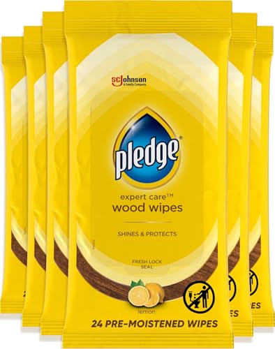 Image of Pledge Expert Care Enhancing Wood Wipes, Lemon Scent (Pack of 6, 144 Total Count), Yellow