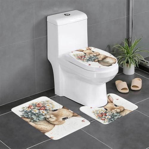 うさぎ 兎 ウサギ 花 可愛い トイレマット 3点セット フタカバー 浴室足ふきマット 吸水 速乾 滑り止め 抗菌 防臭 洗える ふわふわ プレゼント 40x60cm