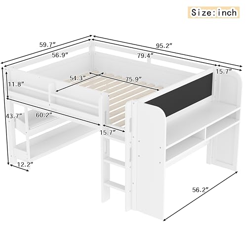 Image of Full Loft Bed with Multi-Storage Bookcases, Boxes and Drawers, Solid Wood Low Loft Beds with Desk and Blackboard, No Box Spring Needed (White-02)