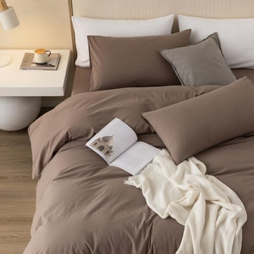 Jiyuan 100% Washed Cotton Duvet Cover Set Comfy Simple Style Soft Breathable Textured Durable Linen Feel Bedding For All Seasons Queen, Solid Brown thumb #3