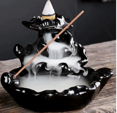 GOEDCH: bruciatore di incenso a flusso di incenso, portaincenso in ceramica di alta qualità, design realistico del flusso di fumo e motivo Lotus per meditazione, decorazione per la casa