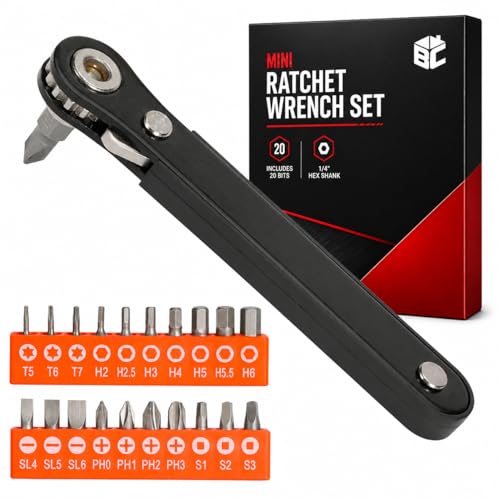 Image of Bates- Low Profile Right Angle Screwdriver with Drill Bits Set, 21 pcs, 1 /4 inch Mini Ratchet Screwdriver with Torx, Hex, Phillips, Flat and Square Bits for Tight Spaces