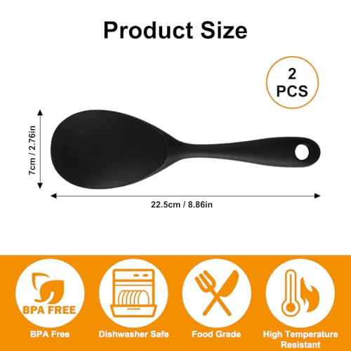 2 Stück Reislöffel Silikon,22,5 x 7 cm Antihaft Reiskocher Löffel,Servierlöffel Silikon mit Loch Zum Aufhängen,Hitzebeständiger Silikone Löffel für Reis,Reiskocher,Kartoffelpüree,Sushi-Reis,Schwarz