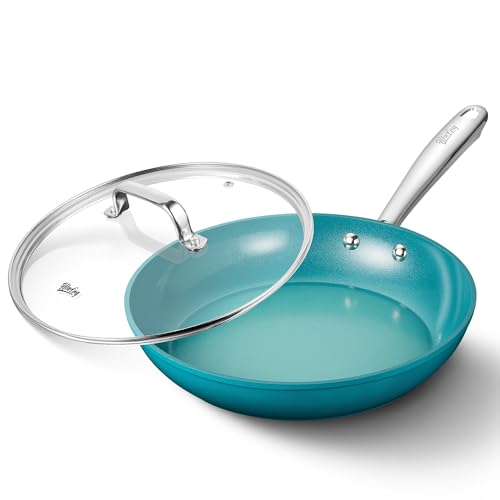 Image of HLAFRG 10 Inch Nonstick Frying Pan with Lid, Ceramic Skillet, Omelet Pan, Effortless Cleaning,10 inch Small Pan with Heat-Resistant Handle, Compatible with All Stoves, Cyan