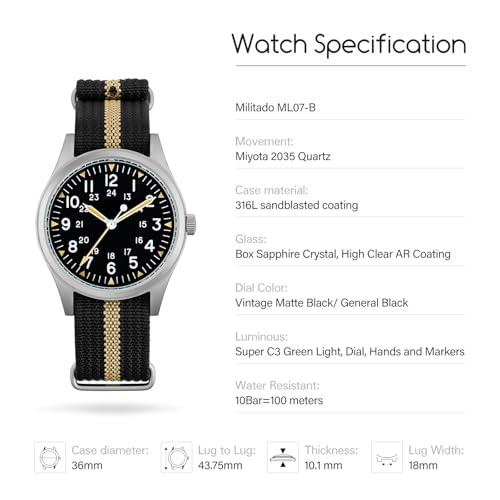 Image of TACTICAL FROG Militado ML07 36mm Field Watch, Japan VH31 Sweep Seconds or 2035 Movt, Men's Military Watch 10 ATM Waterproof Analog Watches for Men and Women Unisex Wristwatch