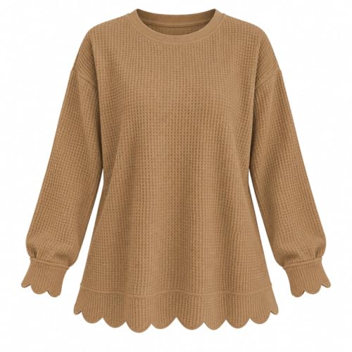 Waffle Knit Tops For Women Plus Size Long Sleeve Tunic Scalloped Sweatshirt - image 4