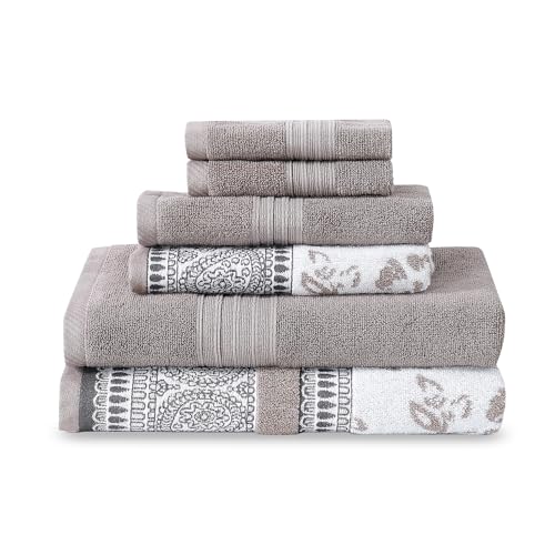 Modern Threads 6 Piece Set, 2 Bath Towels, 2 Hand Towels, 2 Washcloths Yarn Dyed Jacquard/Solid Towel Set Ophelia Fawn