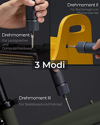 HOTO Mini Akkuschrauber , 3,6V Elektro Schrauberdreher, LED Ringlicht, 3 Drehmoment, max. 8Nm, Schrauber Set mit 12 S2-Stahl Bits, 1500mAh Akku und USB-C Ladekabel, Aluminium-Transportbox Grau – Bild 5