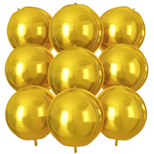 Gold Round Foil Balloons 9 pcs,Metallic Gold Giant 4D Round Balloons 22 Inch for Wedding Graduation Anniversary Baby Shower Birthday Party Decorations