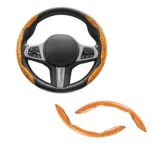 Image of Amiss Car Wood Grain Steering Wheel Cover, Car Interior Accessories, 2PCS Segmented & Butterfly Design, Universal 99% Vehicle Wheel Cover Protector (Yellow)