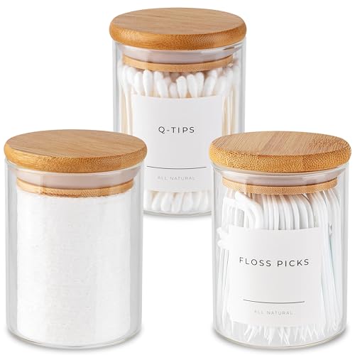 Mini Glass Apothecary Jars, Container Set, Bathroom Organizers and Storage, Bathroom Decor, with Bamboo Lids, Small Kitchen Containers, For Cotton Balls, Pads and Swabs, 10 oz, Set of 3