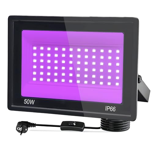 Yuaiosn LED Luz Negra 50W, Foco LED Ultravioleta 395-400NM IP66 Impermeable, Luz Negra Ultravioleta Para Halloween, Navidad, Bar, Body Painting, Fiesta, Discoteca