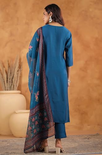 Image of Janasya Women's Silk Blend Yoke Embroidered Straight Kurta Set