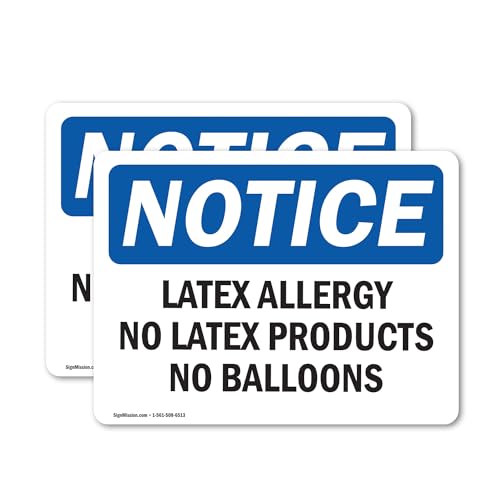 (2 Pack) Latex Allergy No Latex Products No Balloons OSHA Notice Sign 5 Inch X 3.5 Inch Vinyl Label Decal Sticker Weather Resistant, UV Protected for Workplace, Construction Site, Made in the USA