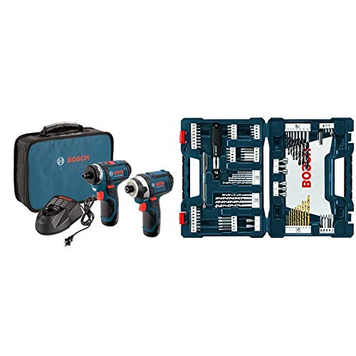 Bosch CLPK27-120 12V Max 2-Tool Combo Kit (Drill/Driver and Impact Driver) with 2 Batteries, Charger and Case & 91-Piece Drilling and Driving Mixed Set MS4091