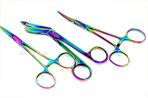 3 German Multi Color Rainbow Titanium Lister Bandage Scissors 5.5 inch Plus Hemostat Straight Plus HEMOSTAT Curved CYNAMED