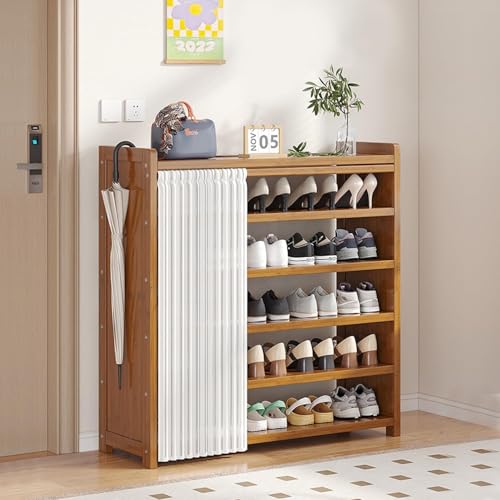 6 Tier Shoe Storage Cabinet Freestanding Wooden Shoe Rack with Dustproof Cover Organizer Bamboo Multi-Function Storage Shelf Wood-Made Home House Office Furniture Boots Stand/For Entryway
