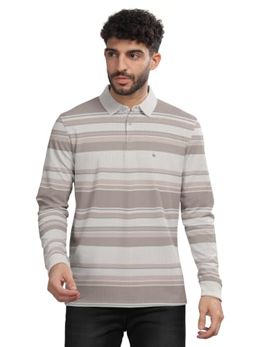 Image of BULLMER Striped Textured Printed Polo Neck Fullsleeve T-Shirt with Rib for Men
