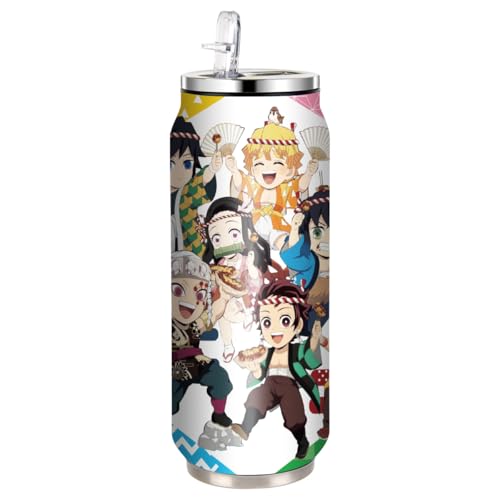 UBBY Demon Slayer Stainless Steel Water Bottle, 500 ml, Flip-Up Sports Bottles Made of Stainless Steel with Straw, Funny Cartoon Design for Children and Adults (Dance)