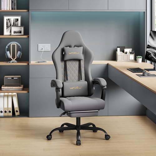 Sedia Gaming con Massaggio, Sedia da Ufficio Ergonomica Girevole Ampia Imbottita per Computer con Cuscino Lombare Massaggiante, Carico 150 Kg, Tessuto a rete, Grigio+Giallo - Sedia gaming - Immagine 8