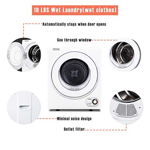 Euhomy 110V Compact Laundry Dryer, 1.5 Cu.ft Front Load Stainless Steel Clothes Dryers With Stainless Steel Tub, Control Panel Downside Easy Control For 4 Automatic Drying Mode, White #TOP3