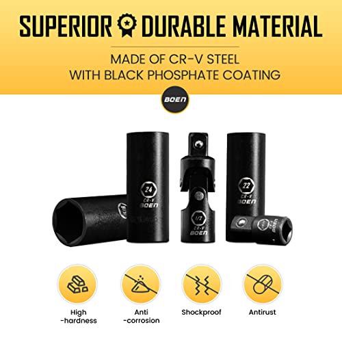 Boen 1/2" Drive Deep Impact Socket Set, 35 Piece Socket Set Sae 3/8" To 1-1/4" | Metric 8 To 24Mm, Includes Extension Bars, Universal Joint And Adapter, 6 Point, Cr-V Steel, Double Lock Storage Case #TOP3
