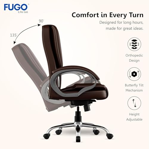 Image of FUGO FG13B Ergonomic Office Chair with Adjustable Height Cushioned Back Seat Tilting Mechanism HeavyDuty Metal Base Dual Nylon Casters Ideal for Work Gaming Study 3Year Warranty (Brown)