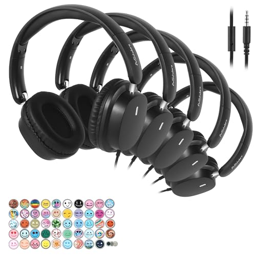 A+ Scholars Kids Headphones Bulk 5 Pack for School, HD Mic Stereo Sound Over-Ear Headphones for Classroom, Comfortable Fit, Foldable, 3.5mm Jack Wired...