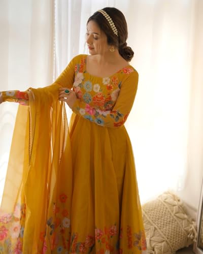Image of KD Floral Printed Georgette Anarkali Suit for Women | Anarkali Kurta Set with Dupatta, Long Sleeve Kurti | Elegant Georgette Suit for Women Ethnic Kurti with Pant Asymmetric Hemline