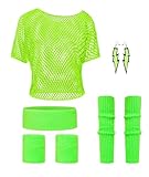 Clundoo Disfraz de Años 80 Accesorios para Mujer con Camiseta+Calentadores de Pierna+Collar+Guantes+Diadema y Pendientes de Neón, Años 80 Neón Accesorios para Años 80s 90s Fiesta Cosplay (Verde)