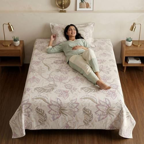 Image of Mafatlal 186 TC Metro Cotton Single Bedsheet | 90 x 60 Inch | Soft Daily Use Bedding with Pillow Cover | Printed Cotton Bedsheet | Peach Blossom