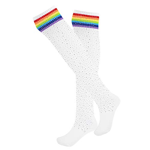 Image of Woman's Rhinestone Over Knee High Socks Stripe Knit Stockings Leg Warmers for Christmas Valentines day Events