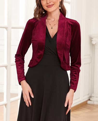 Image of Women's Long Sleeve Velvet Shrug for Dresses Cocktail Party Open Front Cropped Bolero Cardigan Top