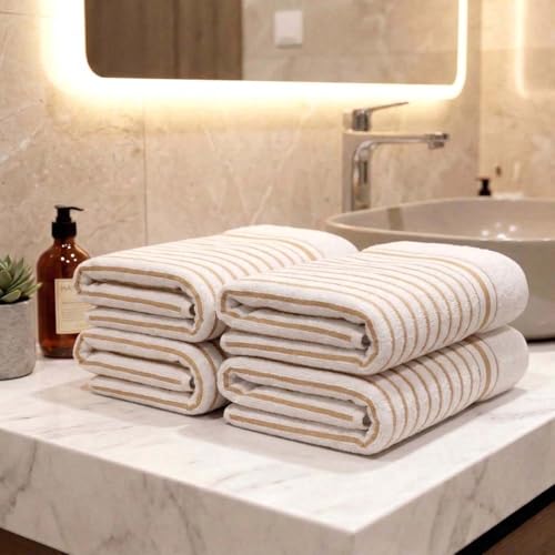 Image of Athom Living Premium Hand Towels- Cotton, 400 GSM, Ultra Soft, Quick Dry, Highly Absorbent | for Hand, Kitchen and Gym | 60 * 40 cm, Pack of 4 (White with Brown Strips)