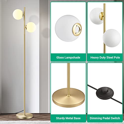 Edishine Mid Century Modern Floor Lamp For Living Room, Stepless Dimming, Built-In Led Gold Globe Standing Lamp, 2 Frosted Glass, Tall Pole Corner Lamp For Bedroom, Offices, Brass #TOP4