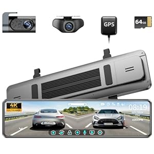 AZDOME 12″ Mirror Dash Cam with 4K Detached Front Camera, Rear View Mirror Camera with Sony IMX335, WDR Night Vision, GPS, IPS Full Touch Split Screen, Free 64GB Card, Parking Assistance PG18S