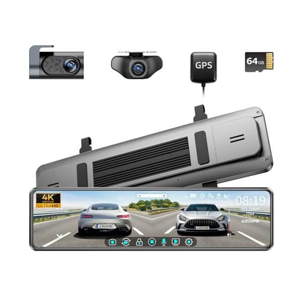 AZDOME 12″ Mirror Dash Cam with 4K Detached Front Camera, Rear View Mirror Camera with Sony IMX335, WDR Night Vision, GPS, IPS Full Touch Split Screen, Free 64GB Card, Parking Assistance PG18S