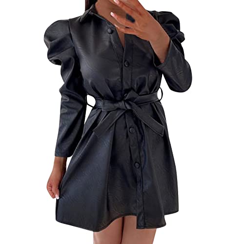 AMDOLE Vestido de manga larga para mujer, con cuello camisero, de manga larga, con cordones, delgado, de cuero, vestido elegante, Negro, M