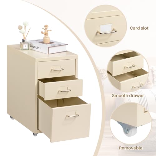 HollyHOME Archivador móvil de 3 cajones, organizador de carpetas bajo el escritorio, armario de almacenamiento de metal con ruedas para el hogar y la oficina, crema - imagen 5