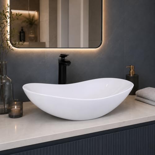 Image of QUALITO Boat Shape Table Top Wash Basin for Bathroom, Living Room, Hall, Dinning Room | Countertop /Over Counter Ceramic Vessel Sink /Basin | Marble Ceramic Wash Basin (White, 24x14x5.5 Inch)