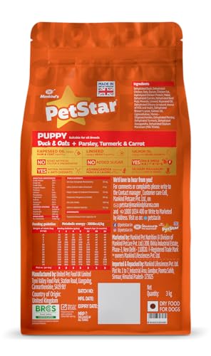 Image of Petstar Puppy Dry Dog Food 3 kg, Duck & Oats Formula, High Protein, Gentle Digestion, Healthy Growth, No Artificial Flavours or Added Sugar