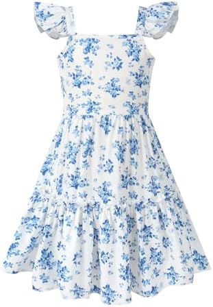 Girls Summer Floral Dresses Tie Back Flutter Sleeves Casual Spring Dress for 4-12 Years