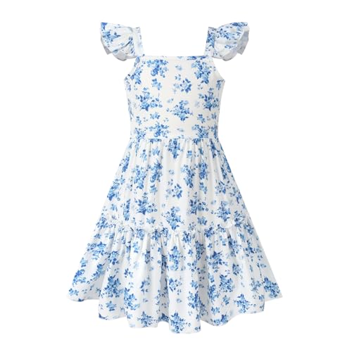 Girls Summer Floral Dresses Tie Back Flutter Sleeves Casual Spring Dress for 4-12 Years