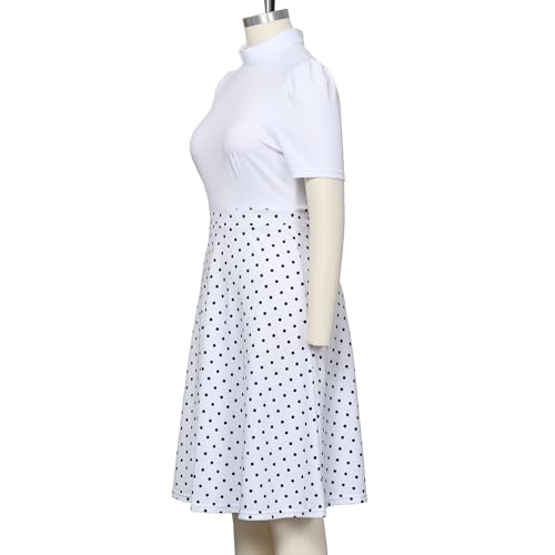 Image of CAMDOM Church Clergy Dress for Women Short Sleeve Polka Dot A Line Elegant Dress with Tab Collar