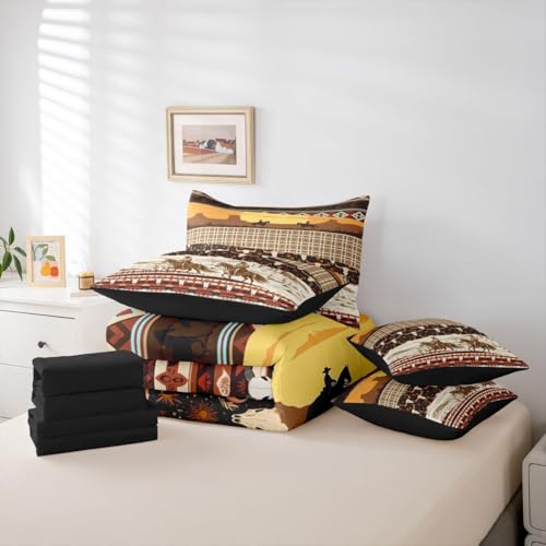 Image of Horse Decor Western 7 Piece Comforter Set Full Bed in a Bag Cow Skull Bedding Sets Cowboys Geometric Aztec Comforter and Sheet Set,Bull Longhorn Skull Bed Sets,Rustic Buffalo Plaid Farmhouse Decor