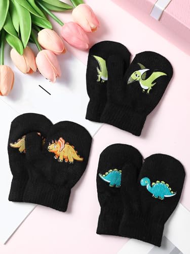 Image of Geyoga 3 Pairs Kids Mittens Winter Stretchy Knit Gloves Winter Dinosaur Full Finger Toddler Mittens for Boys Girls