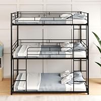 Multigot Metal Triple Bunk Bed, Metal Slatted Double Over Double Loft Bed Frame with Full-length Guardrails and 2 Ladders, Space-Saving Low Triple Sleeper Beds Low Triple Sleeper Beds