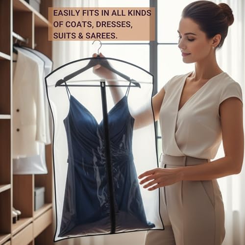 Image of Coat Cover | Foldable Rexin Blazer & Suit Cover with Zipper | Transparent Garment Bag for Wardrobe Storage | Dust & Moisture Protection Clothing Organizer - Set of 4 | Height-36 inch