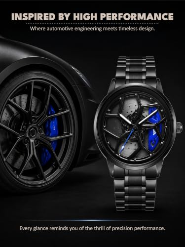 Image of V2A Men's Analog Automotive Inspired Wheel Rim Design Wrist Watch | Stainless Steel Bracelet| Quartz Movement | 30M Water Resistant | Premium Black Metal Strap Watch for Men | Casual & Formal